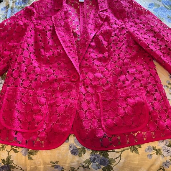 Chico's Pink/Fuchsia Crochet Blazer - 3/4 Length Sleeves - Size 1 - Picture 5 of 5